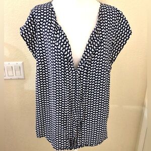 Boden Navy and White Geometric V-Neck Blouse with Ruffles Down Front